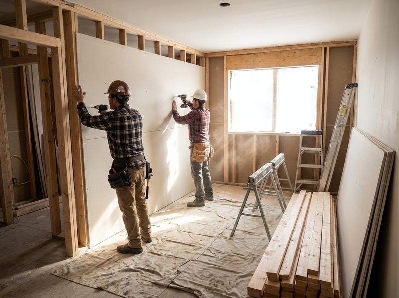 Crew installing drywall during an interior rebuild