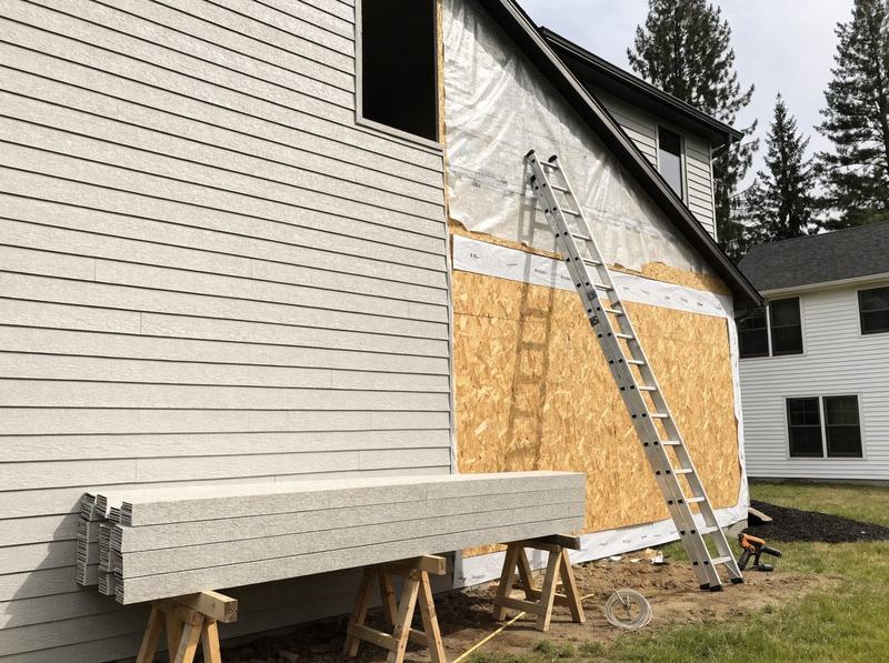 Siding replacement in progress on a two-story home